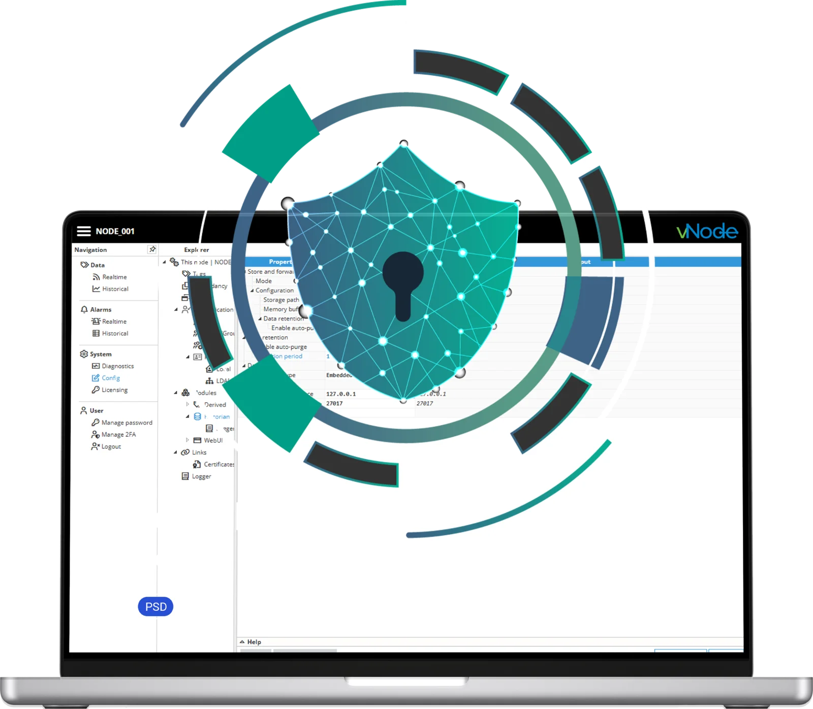 MCP Server de vNode protegido con autenticación OAuth 2.0, mostrado en un portátil