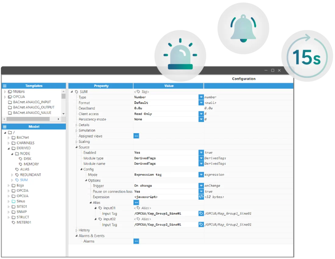 Panel de configuración de alarmas de vNode con los ajustes de Alarm Shelving
