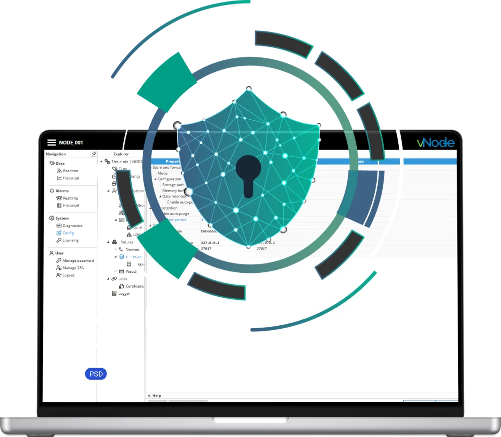 vNode web interface with TLS encryption, certificate authentication and audit logging for OT to IT connectivity