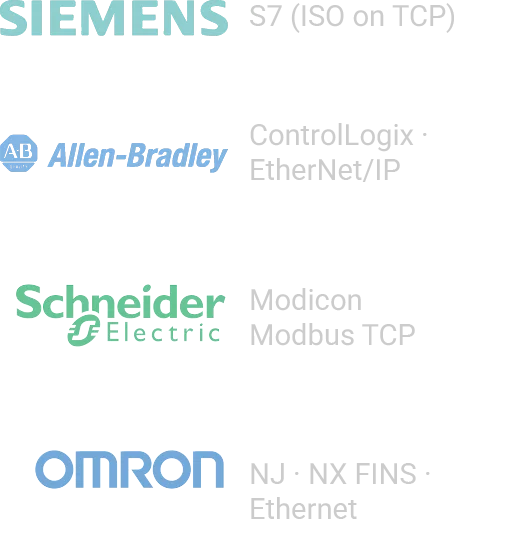 vNode collecting data from Siemens, Allen-Bradley, Schneider Electric and Omron PLCs