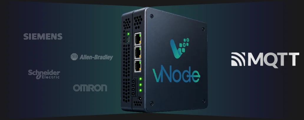 vNode edge gateway reading Siemens, Allen-Bradley, Schneider and Omron PLCs and publishing to MQTT